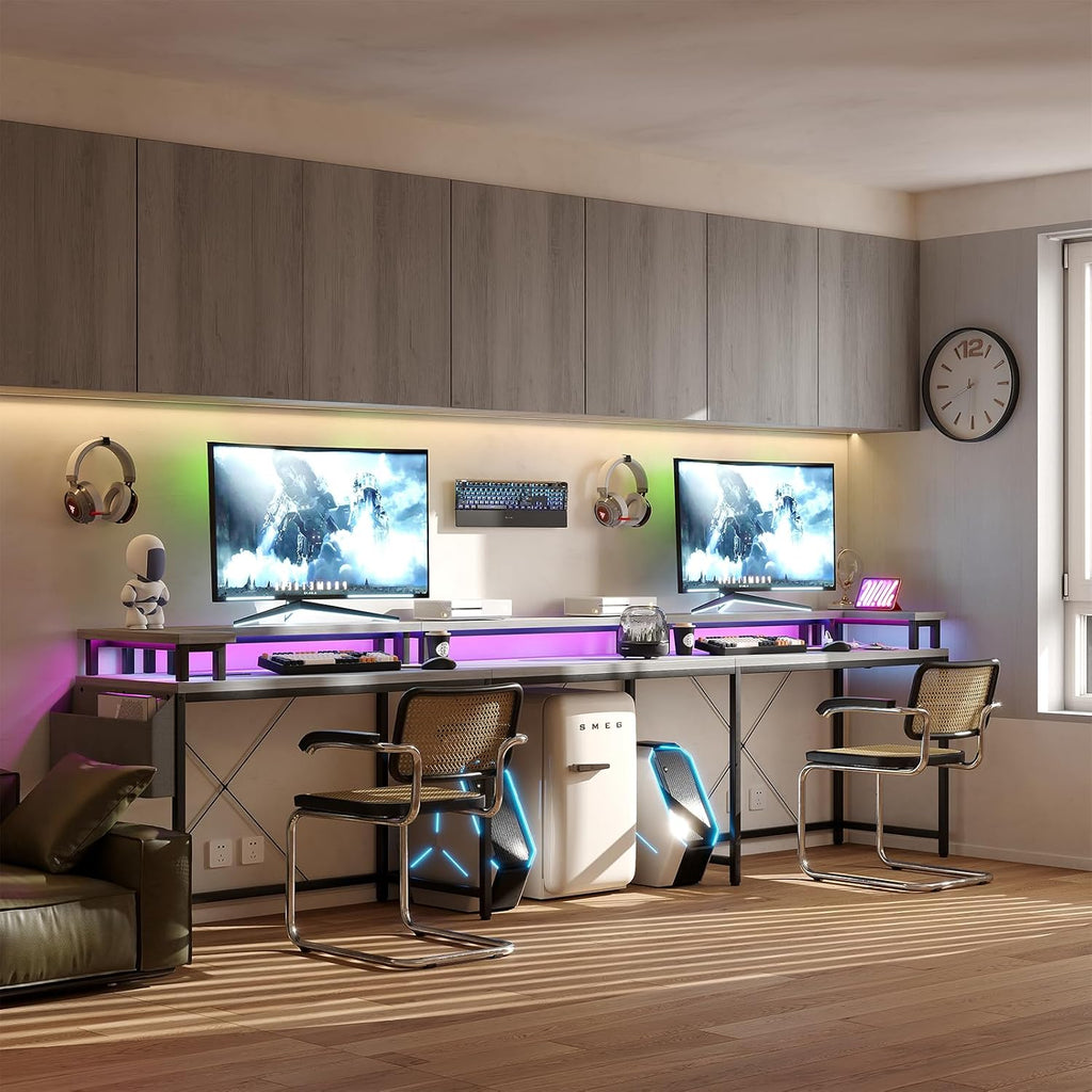 U Shaped Gaming Desk, 79' Reversible U Shaped Desk with Power Outlets, LED Lights, Monitor Stand & Storage Shelves, Corner Office Desk for Home Office, Gaming, Workstation (Grey Oak)