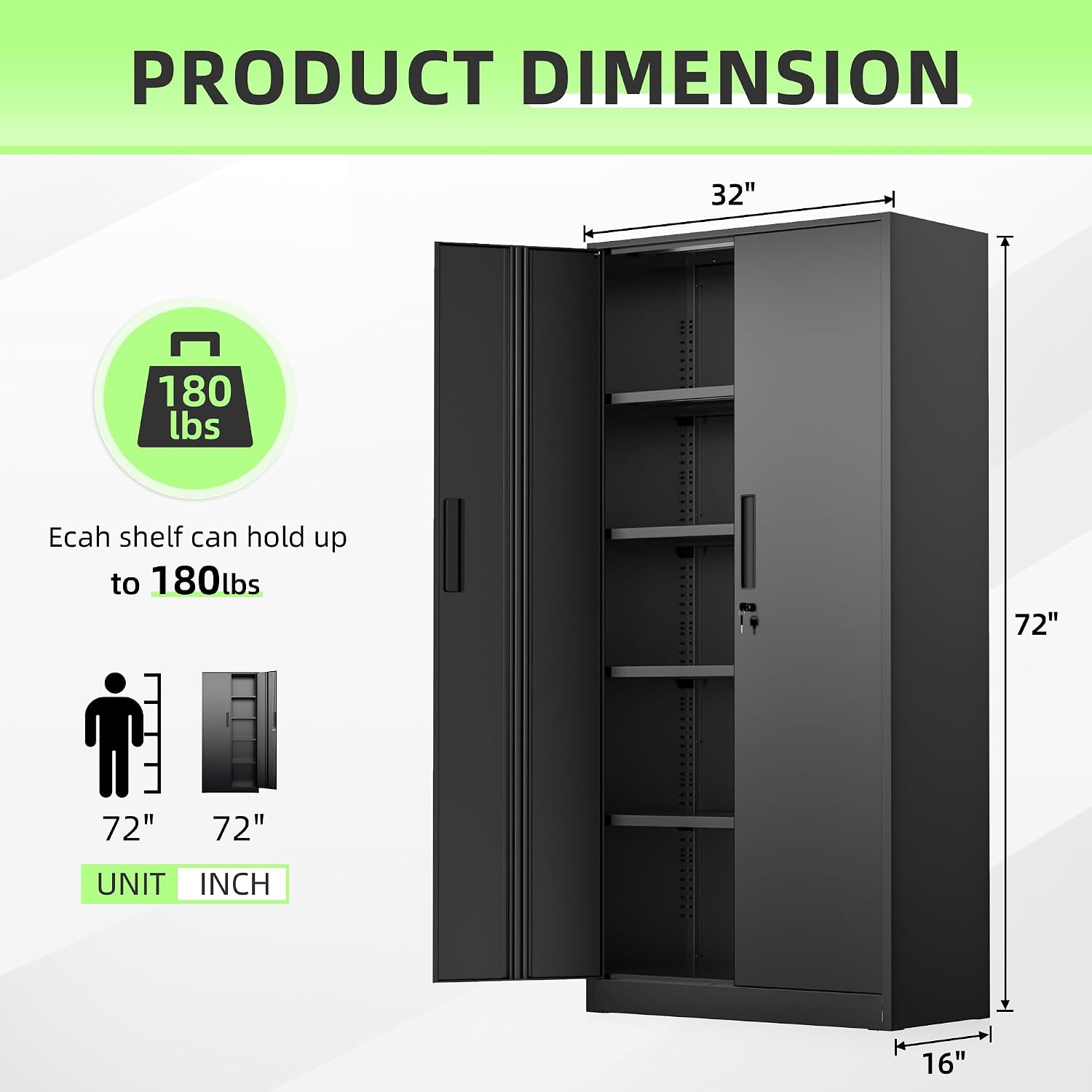 Bonusall 72' Storage Cabinet,2 Locking Doors & 4 Adjustable Shelves,Tall Cabinets,Heavy Duty Steel Cabinet for Home, Office, Warehouse, School (Black)