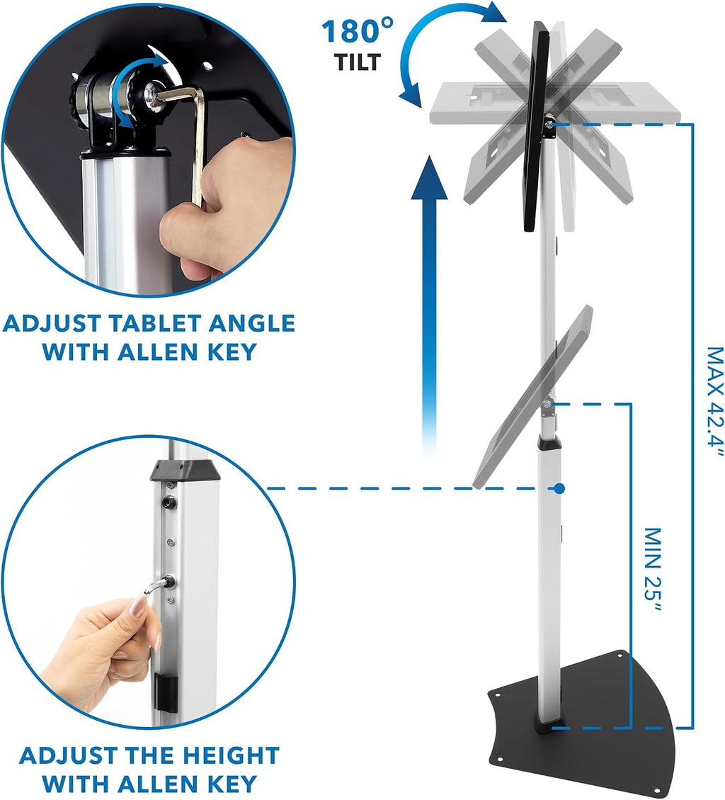 Mount-It! Anti-Theft iPad Floor Stand Kiosk, Height Adjustable 25'–42.5', Locking Enclosure with +/-90° Tilt, 75x75 VESA, Freestanding or Bolt-Down Steel Stand for Retail & Business