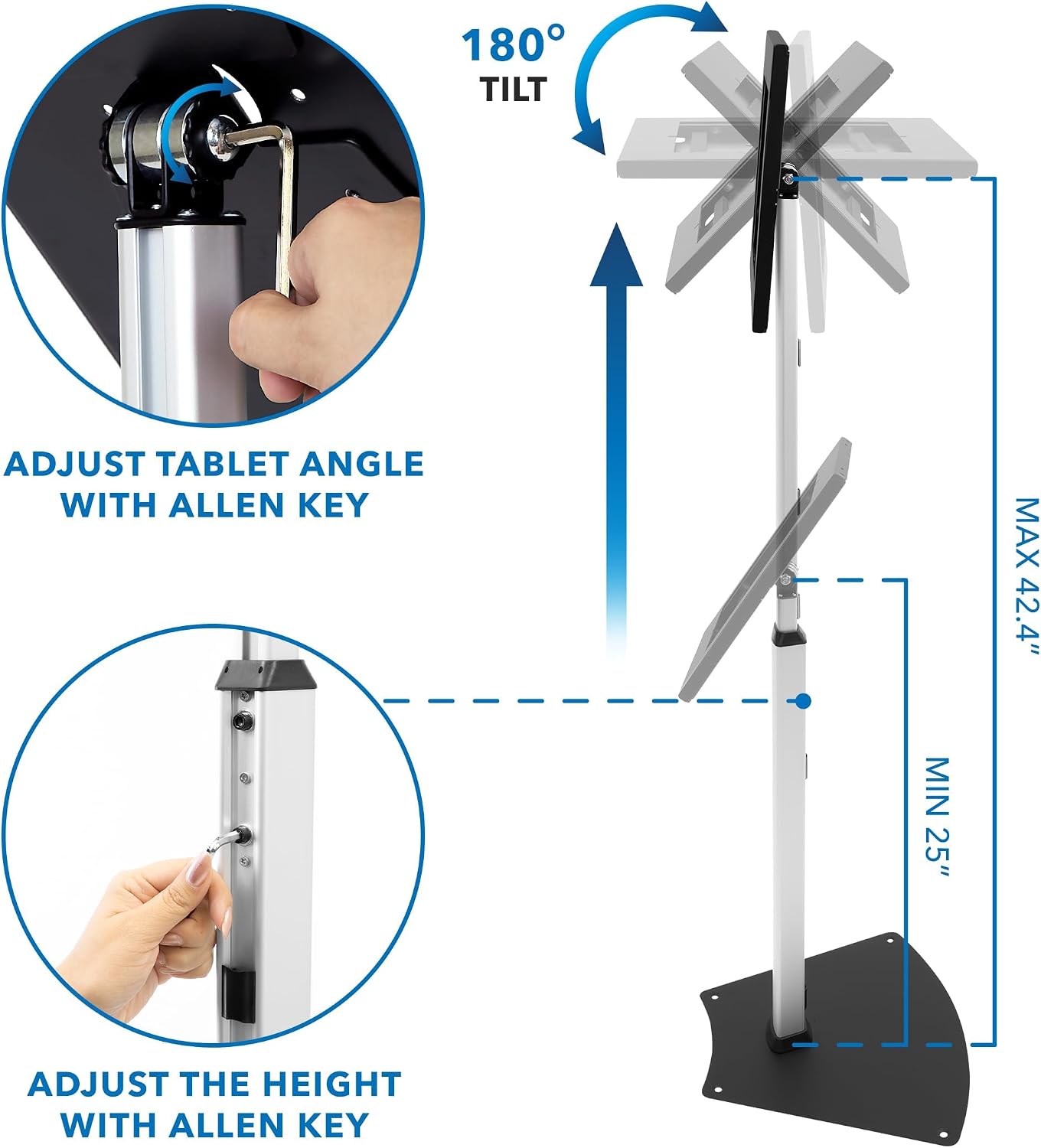 Mount-It! Anti-Theft iPad Floor Stand Kiosk, Height Adjustable 25'–42.5', Locking Enclosure with +/-90° Tilt, 75x75 VESA, Freestanding or Bolt-Down Steel Stand for Retail & Business