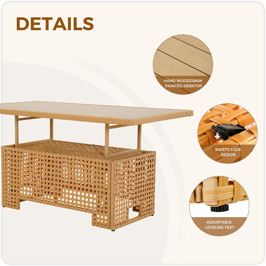 Grand patio Outdoor & Indoor Coffee Dining Table -Wicker Rattan, Adjustable Slat Lift Top, Picnic, Storage Shelf - Beige