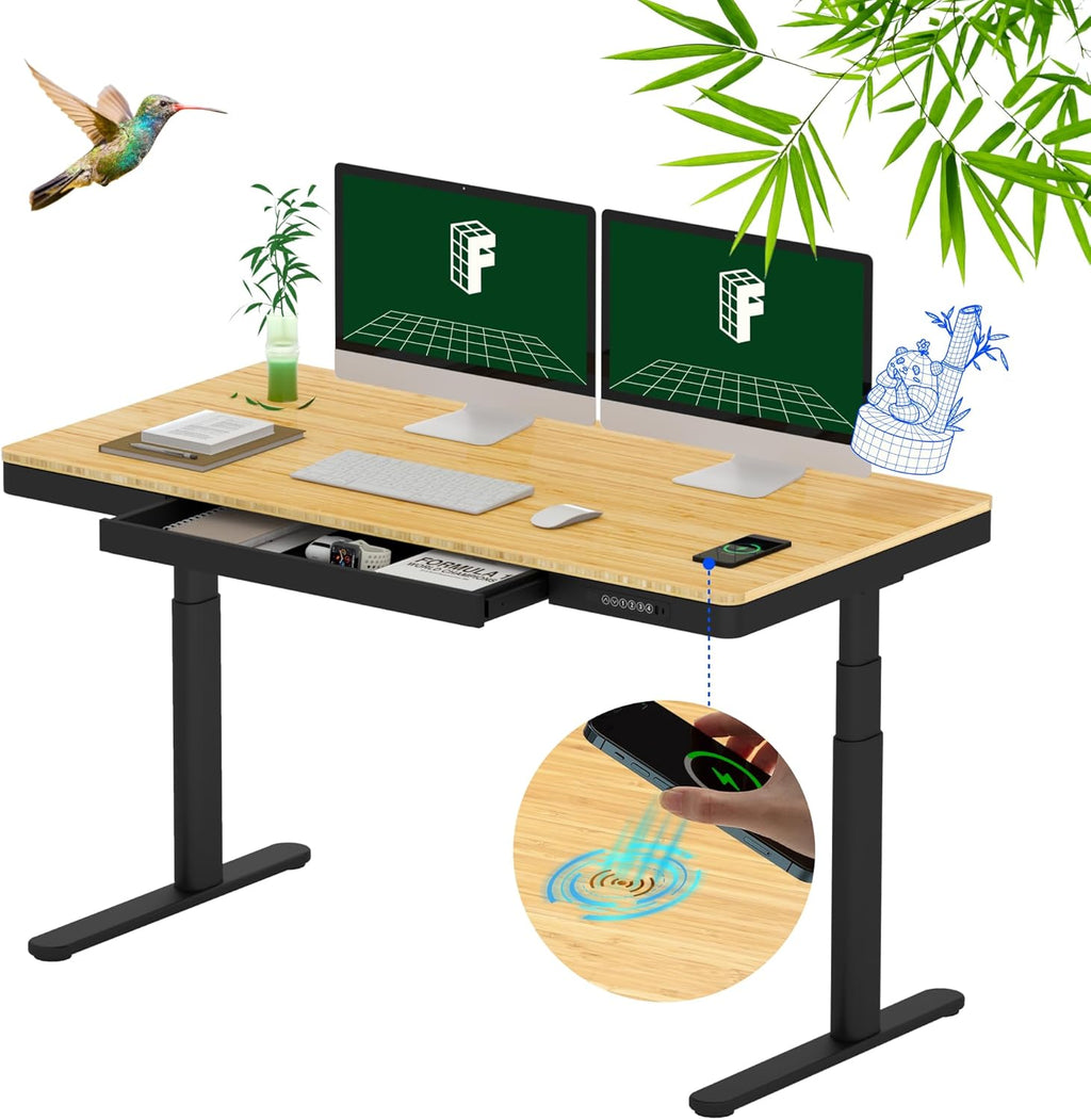 FLEXISPOT Q8 55' Bamboo Standing Desk, Dual Motor 3 Stages Adjustable Height Electric Computer Workstation w/Wireless Charging, Drawer, Quick Install, 220lbs Capacity (Bamboo Tabletop + Black Frame)
