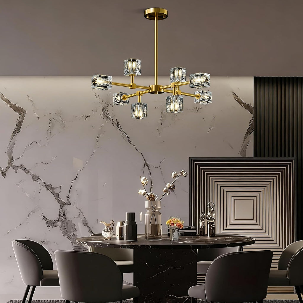 Modern Sputnik Crystal Kitchen Chandelier - Luxury Elegant 8 Light Gold Brushed Brass Chandeliers - Adjustable Height Pendant Lighting Ceiling Fixture for Dining Room Living Room Island Table Bedroom