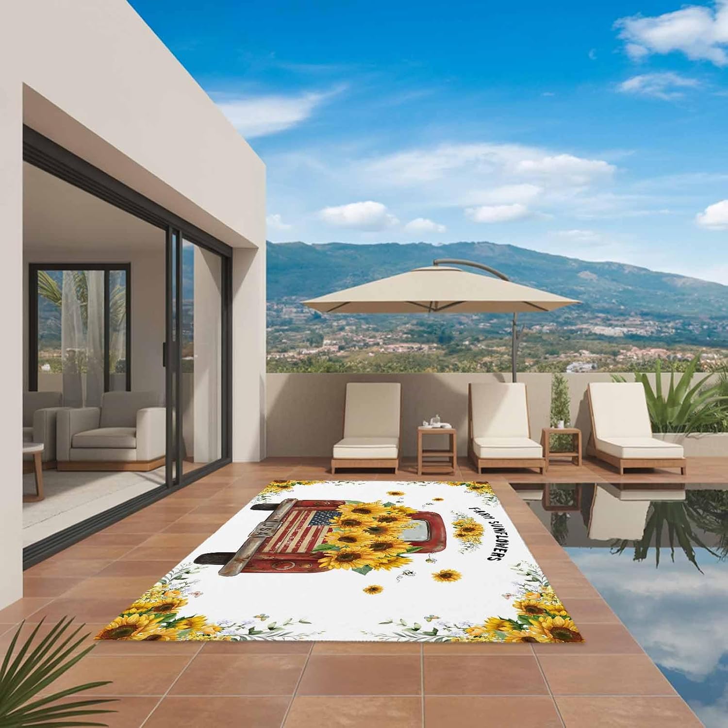 Sunflower Truck Outdoor Rug for Patio/Deck/Porch, Non-Slip Large Area Rug 5 x 8 Ft, Yellow Flowers Summer Botanical Watercolor Indoor Outdoor Rugs Washable Area Rugs, Camping Rug Carpet Runner