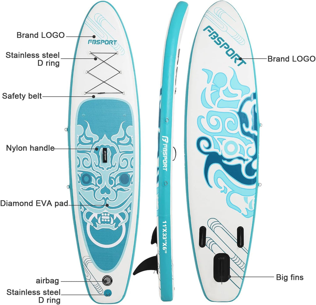 FBSPORT 11' Premium Stand Up Paddle Board, Yoga Board with SUP Accessories & Carry Bag | Wide Stance, Surf Control, Non-Slip Deck, Leash, Paddle and Pump for Youth & Adult