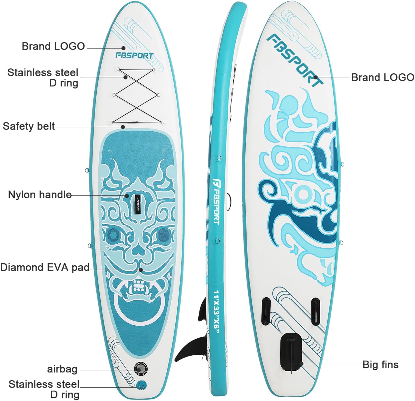 FBSPORT 11' Premium Stand Up Paddle Board, Yoga Board with SUP Accessories & Carry Bag | Wide Stance, Surf Control, Non-Slip Deck, Leash, Paddle and Pump for Youth & Adult