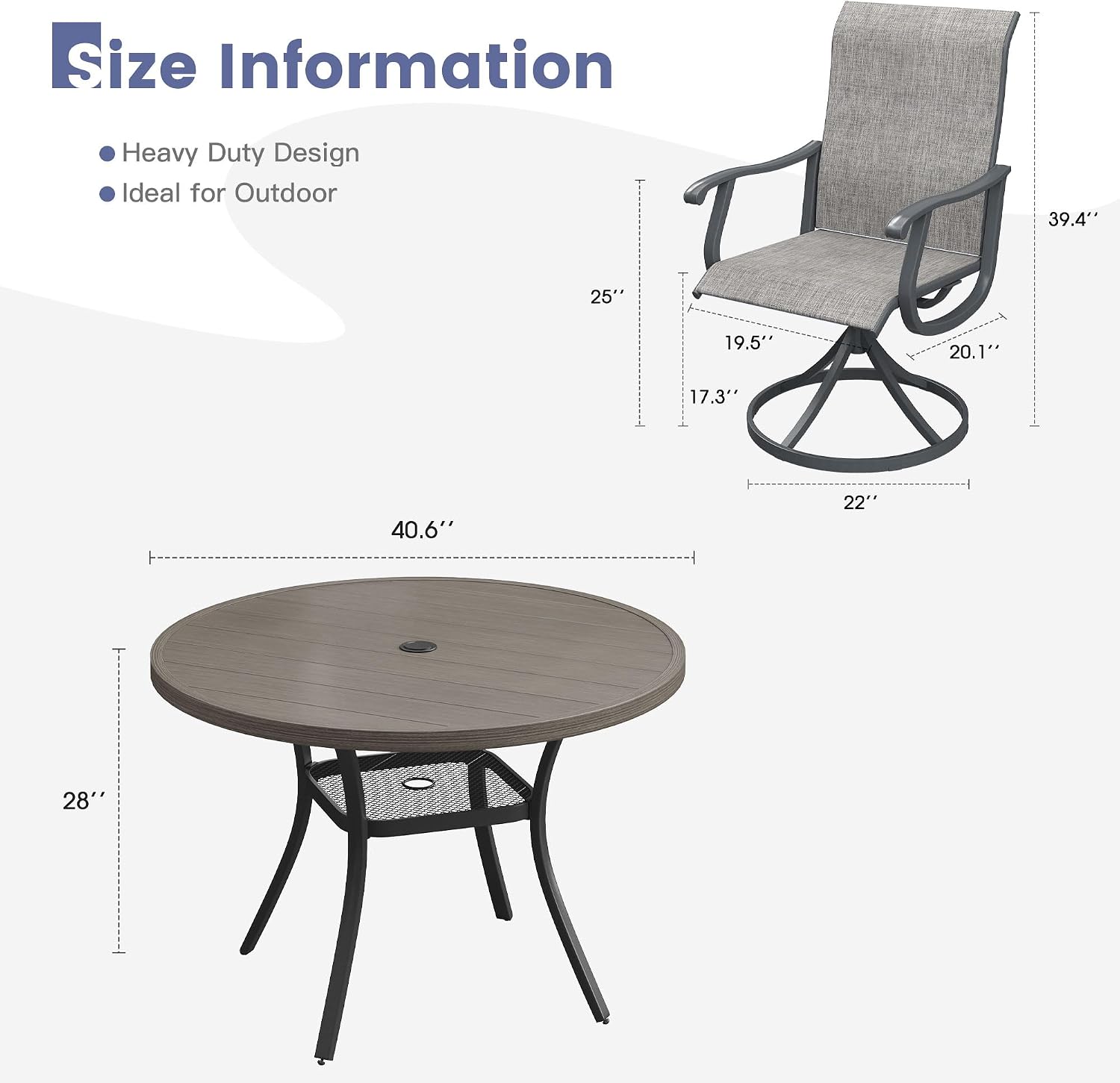 VICLLAX 5 Pieces Outdoor Dining Set, Patio Furniture Set of 4 Patio Swivel Dining Chairs and 41' Patio Round Table with Storage Shelf, Grey Chairs & Antique Grey Tabletop