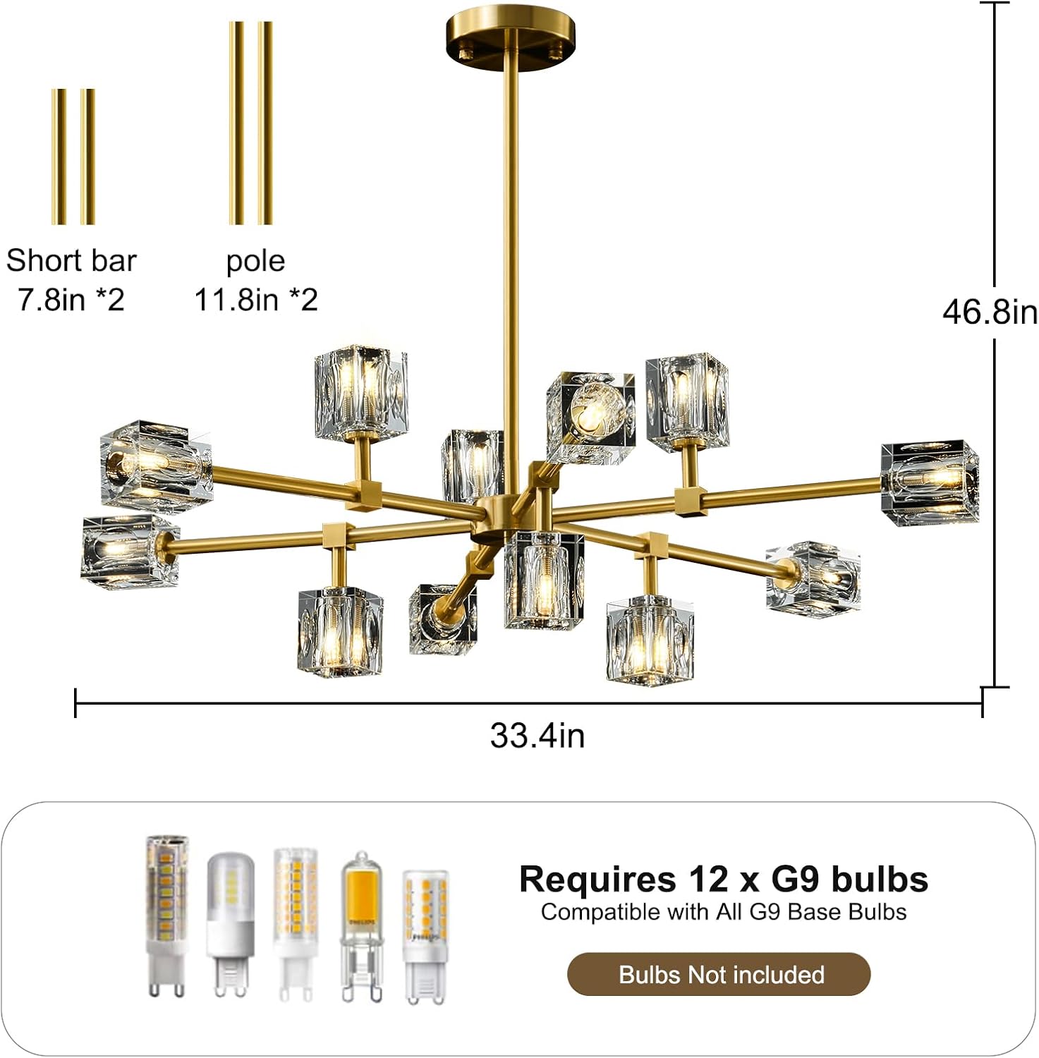 Modern Sputnik Crystal Kitchen Chandelier - Luxury Elegant 12 Light Adjustable Height Pendant Lighting Ceiling Fixture - Gold Brushed Brass Chandeliers for Dining Room Living Room Island Table Bedroom