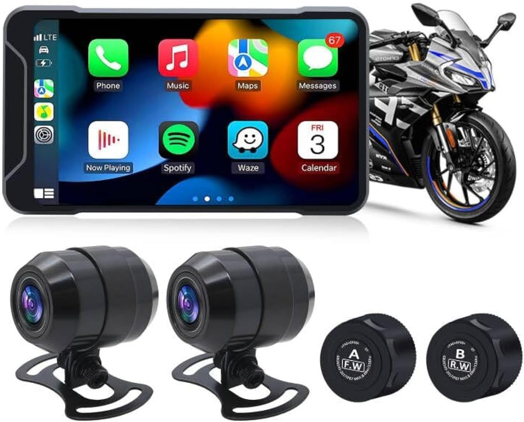 Geloo Motorcycle Dash Camera Support Wireless Apple Carplay & Android Auto, 1080P Lens Motor Dash Cam Front and Rear with TPMS, GPS, WiFi, Wireless 5'' IPS Touch Screen Motorcycle DVR