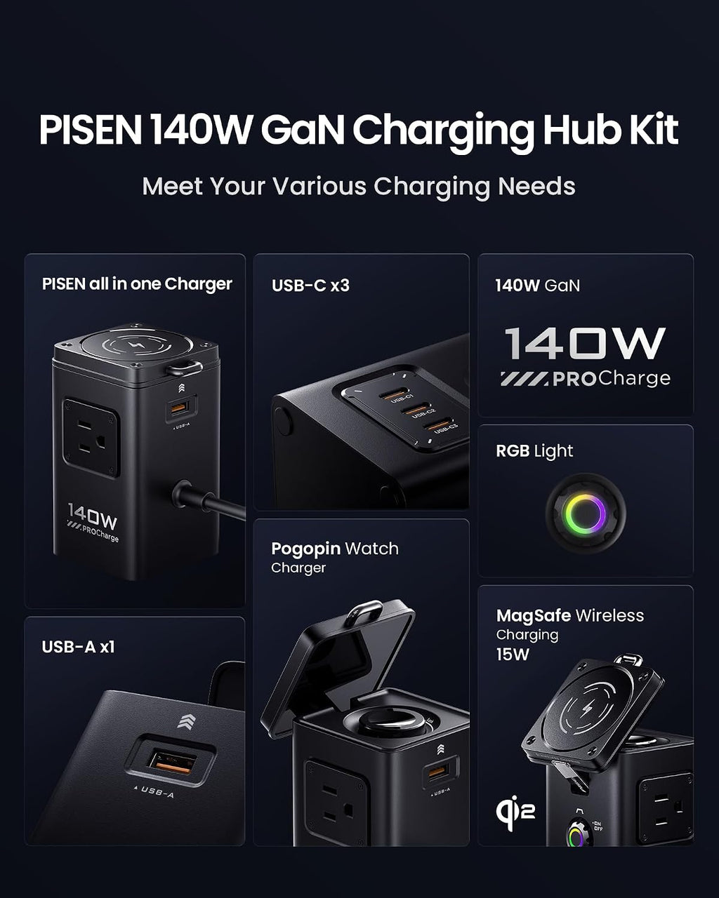 PISEN 8-in-1 Mag-Safe Charger Stand - 140W Charging Station for Multiple Devices Mag-Safe Stand Magnetic Qi2 Wireless Charger for iPhone 17/16/15/14/13/12 Series, Magnetic Charger for Apple Watch