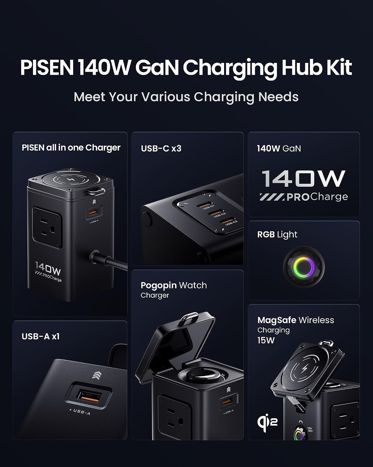 PISEN 8-in-1 Mag-Safe Charger Stand - 140W Charging Station for Multiple Devices Mag-Safe Stand Magnetic Qi2 Wireless Charger for iPhone 17/16/15/14/13/12 Series, Magnetic Charger for Apple Watch