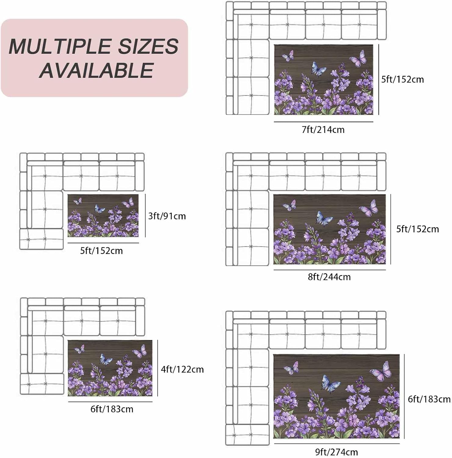 Purple Flowers Outdoor Rug for Patio/Deck/Porch, Non-Slip Large Area Rug 5 x 8 Ft, Butterfly Spring Floral Wooden Farmhouse Indoor Outdoor Rugs Washable Area Rugs, Reversible Camping Rug Carpet Runner