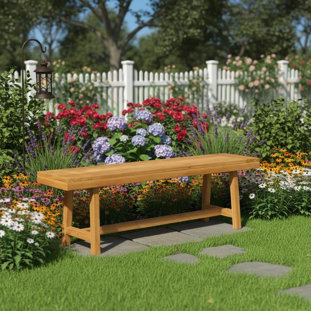 Tangkula 63-Inch Teak Wood Outdoor Bench Backless, Farmhouse Long Patio Dining Bench, 3-Person Dining Bench with Angled Legs for Dining, Entryway, Outside Wood Bench for Balcony, Backyard & Garden (1)