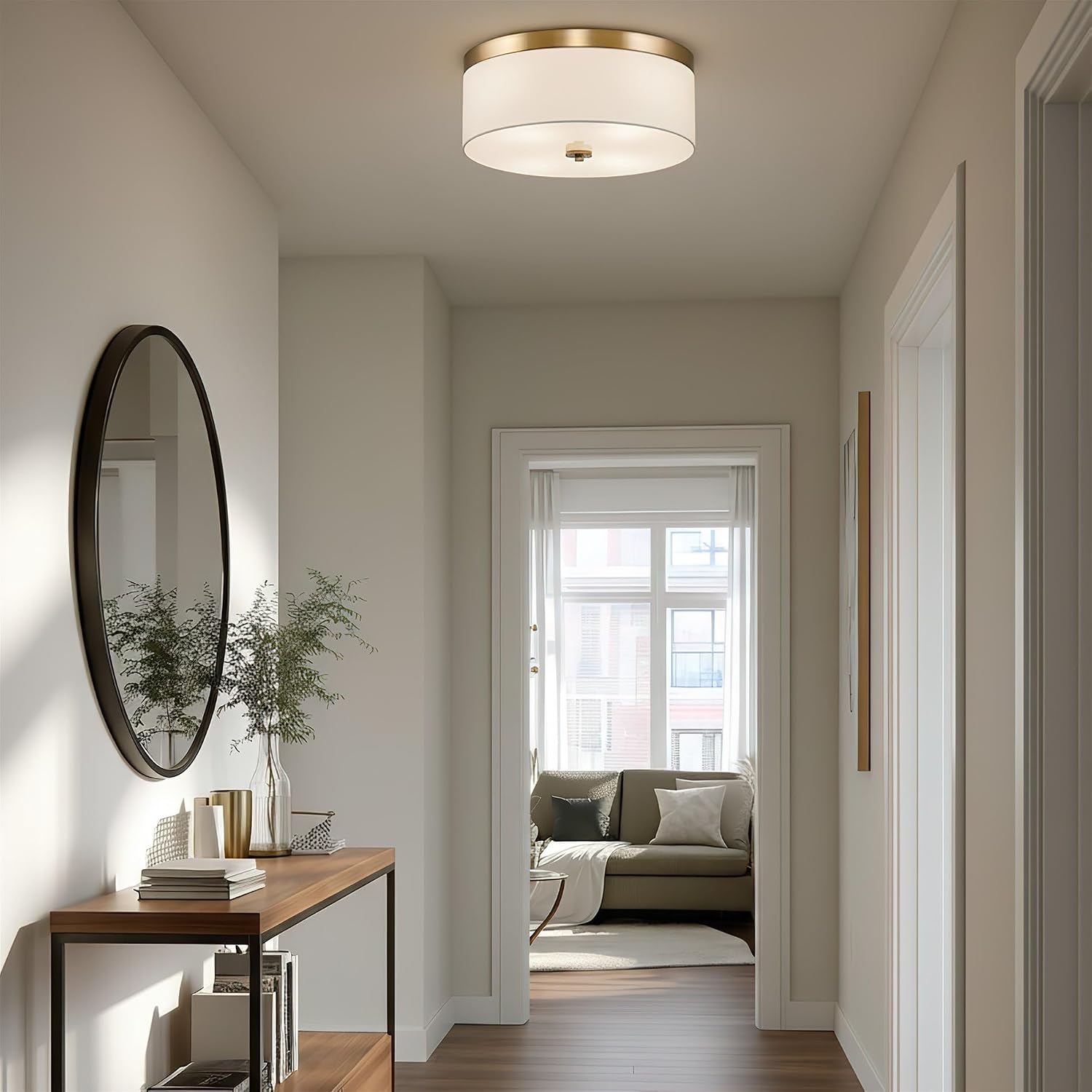 Kira Home Walker 15' Modern Drum Gold Flush Mount Ceiling Light, White Fabric Shade with Frosted Glass Diffuser, 3-Light Close to Ceiling Fixture, Cool Brass Finish