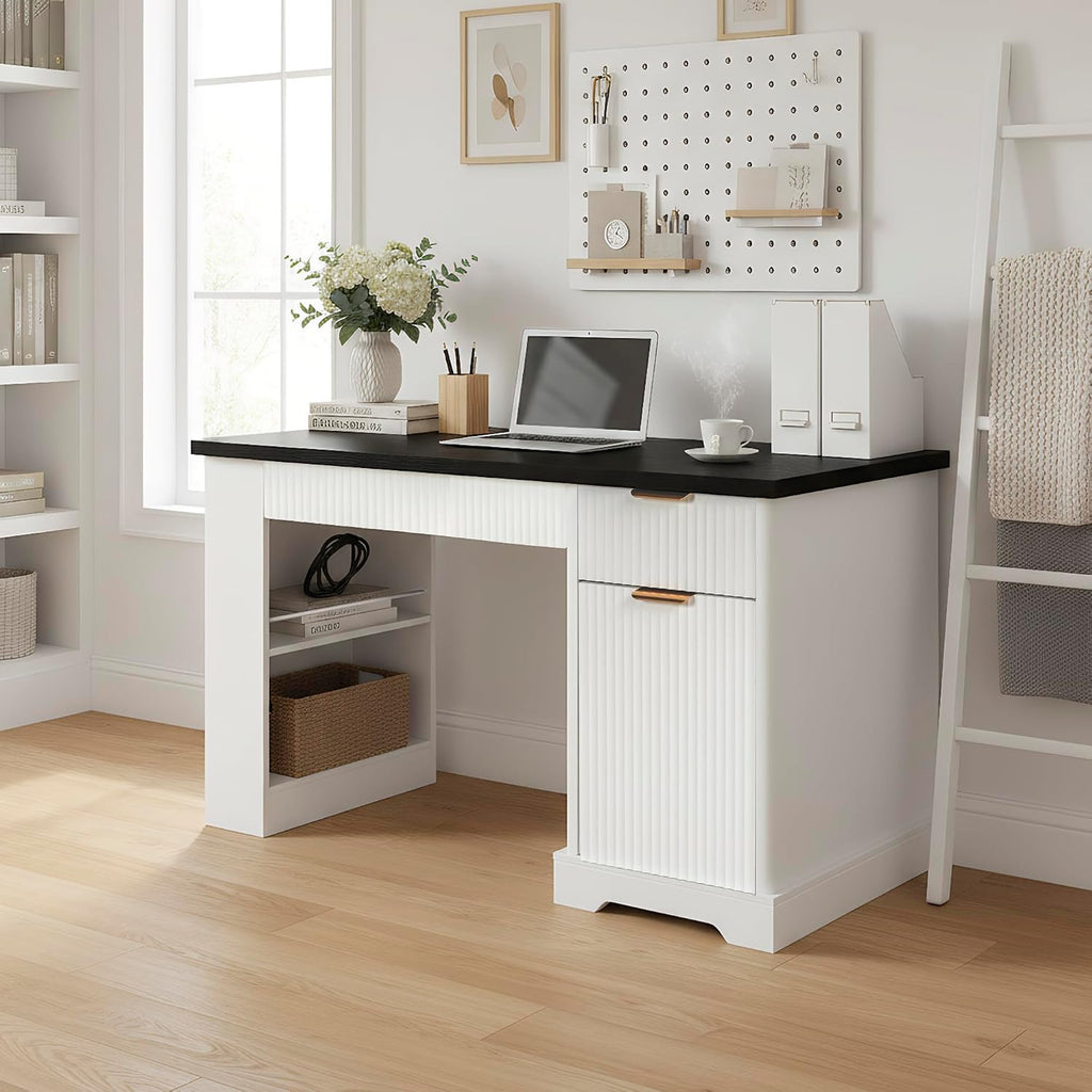 55' Modern Fluted Office Desk with Storage Cabinet & Drawers, Computer Writing Desk with Power Outlet, Pegboard, Built-in Shelves and Keyboard Tray for Study, Living Room, Home Office (White)