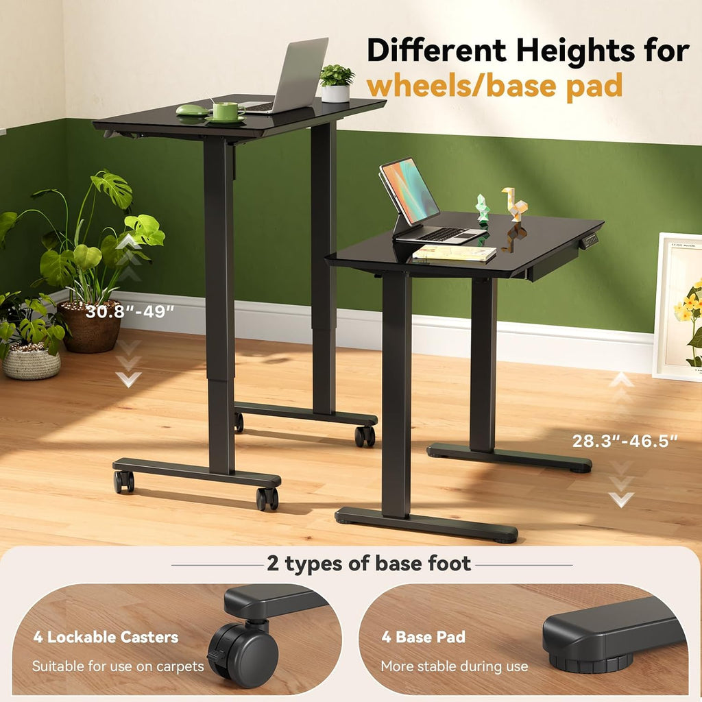 Gibbon Mounts Glass Standing Desk with Drawer, Electric Sit Stand Desk with Wheels, 35×20Inch Whole Piece Height Adjustable Rising Table, Small Computer Workstation, Black