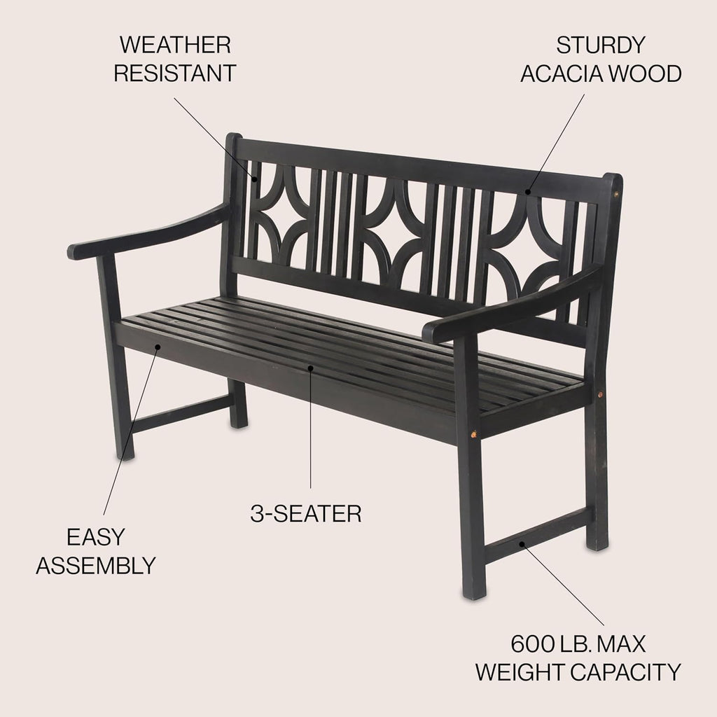 JONATHAN Y BNH100C Sloane 59.1' 3-Seat Ogee Diamond-Back 600-Lbs Support Acacia Wood Outdoor Garden Patio Bench for Garden, Lawn, Backyard, Pool, Deck, Beach, Firepit, Black