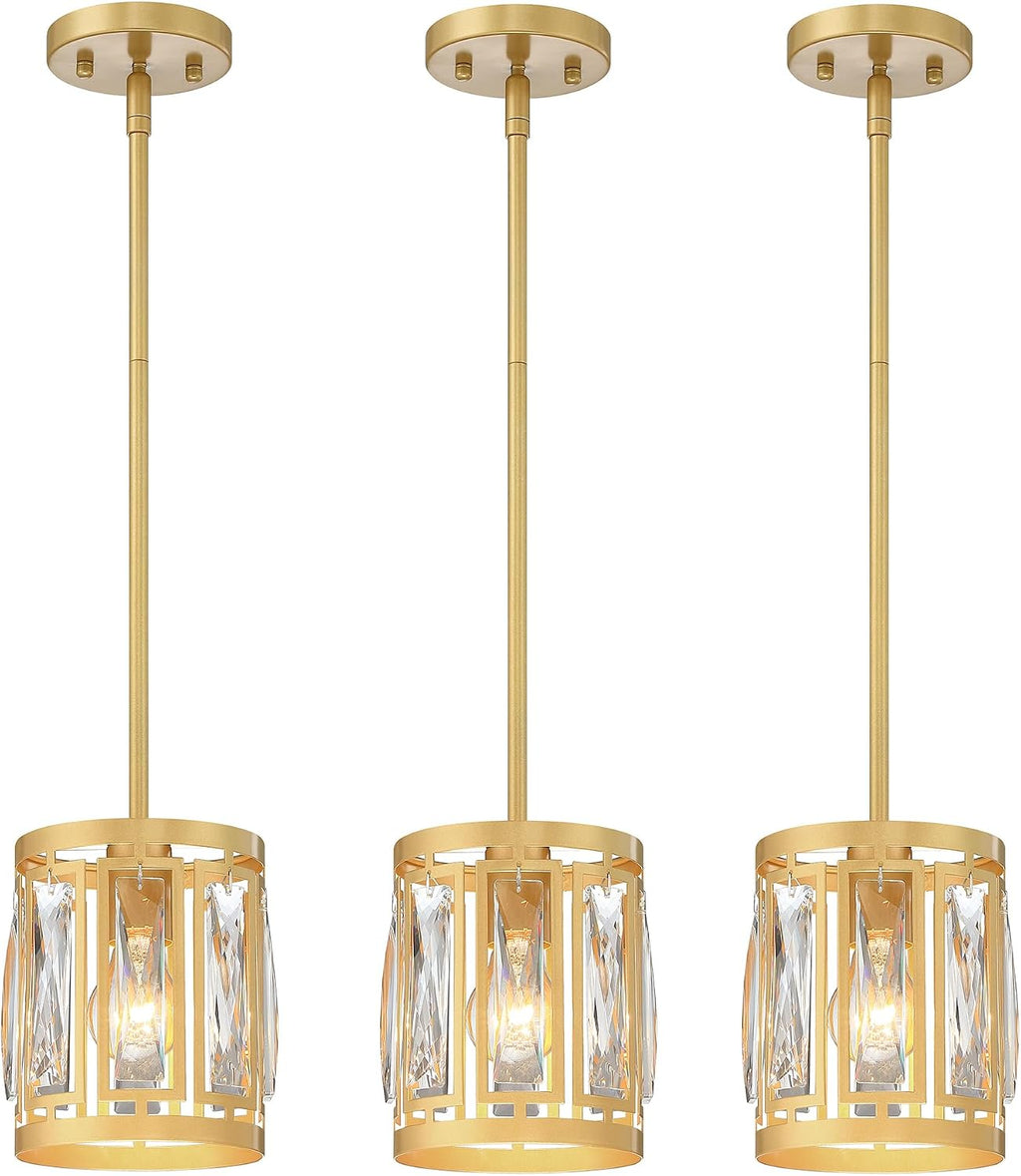 3-Pack Pendant Light Fixtures with K9 Crystals, Kitchen Island Lighting, Dining Room Light Fixture, Mini Chandelier for Kitchen Lights Ceiling, Foyer Lighting Fixtures, Gold Light Fixture