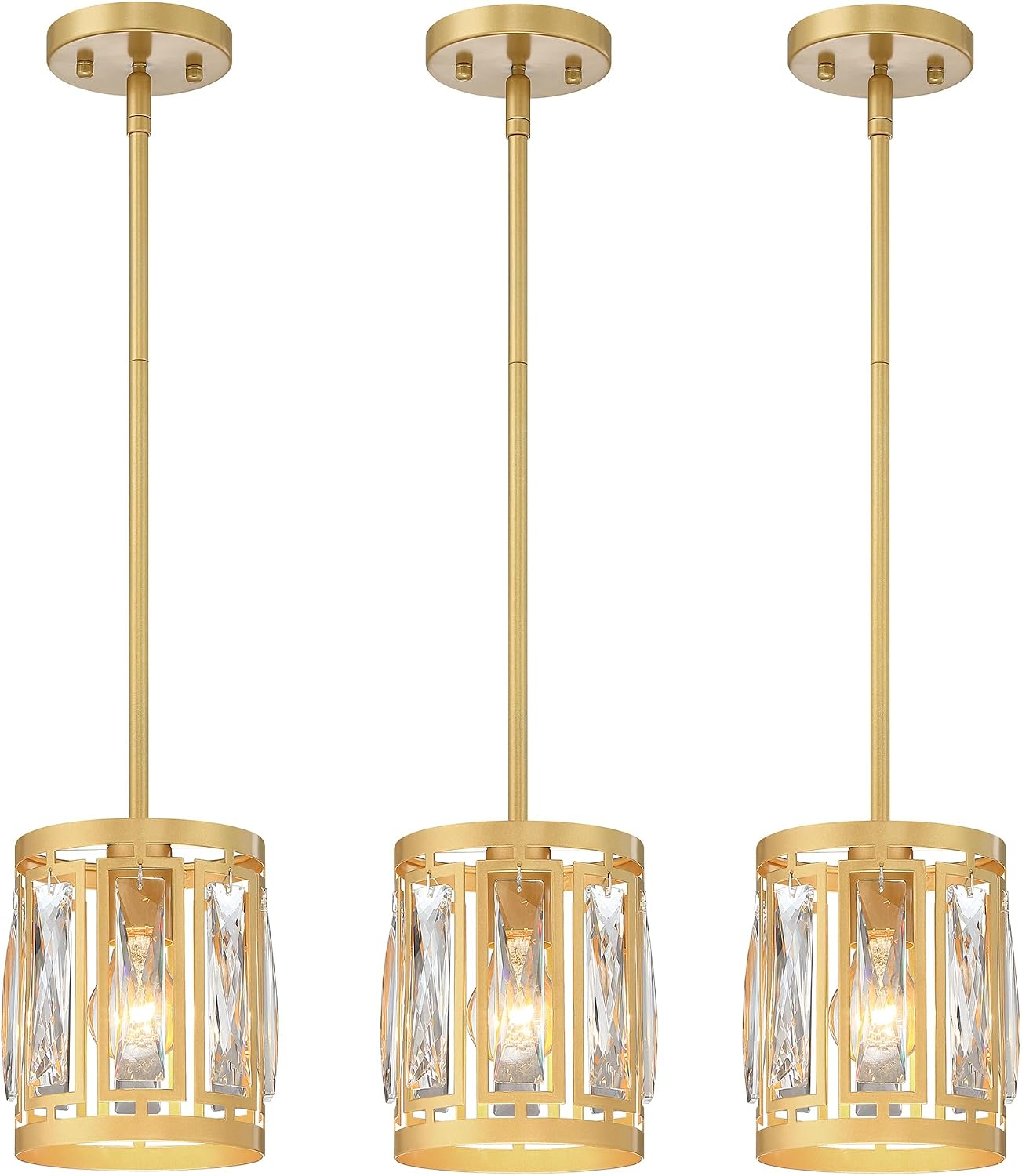 3-Pack Pendant Light Fixtures with K9 Crystals, Kitchen Island Lighting, Dining Room Light Fixture, Mini Chandelier for Kitchen Lights Ceiling, Foyer Lighting Fixtures, Gold Light Fixture