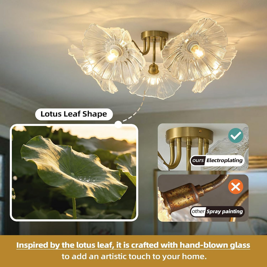 Flower Glass 5 Lights Ceiling Light - Gold Vintage Floral Semi Flush Mount Chandelier Lightin Fixture - Mid Century Modern Art Deco Lamp for Bedroom Bathroom Hallway Hall Laundry Kitchen Dining Room