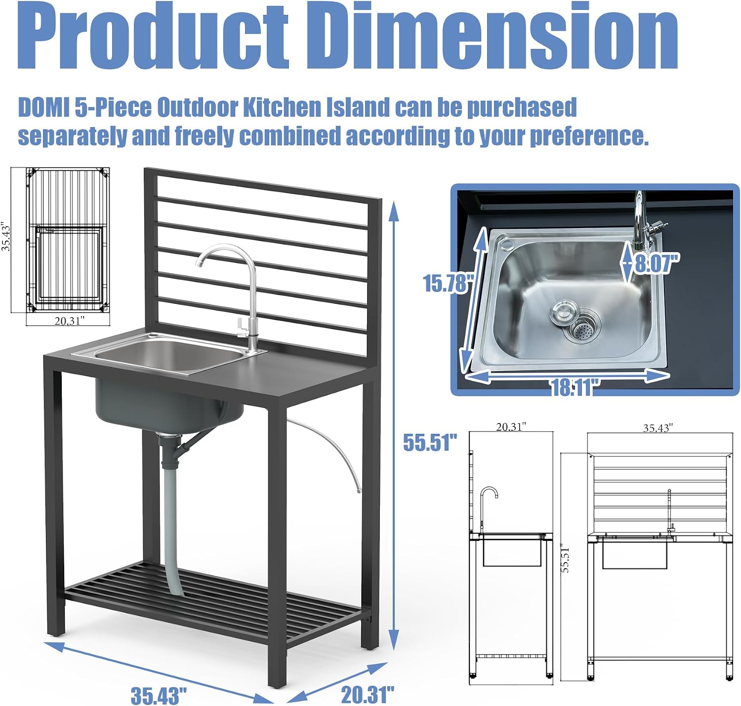 Domi Outdoor Kitchen Island with Storage, Aluminum Kitchen Island Stainless Steel Outdoor Sink w/Faucet & Drainboard, Freestanding Storage Shelves with Protective Cover Indoor Outdoor