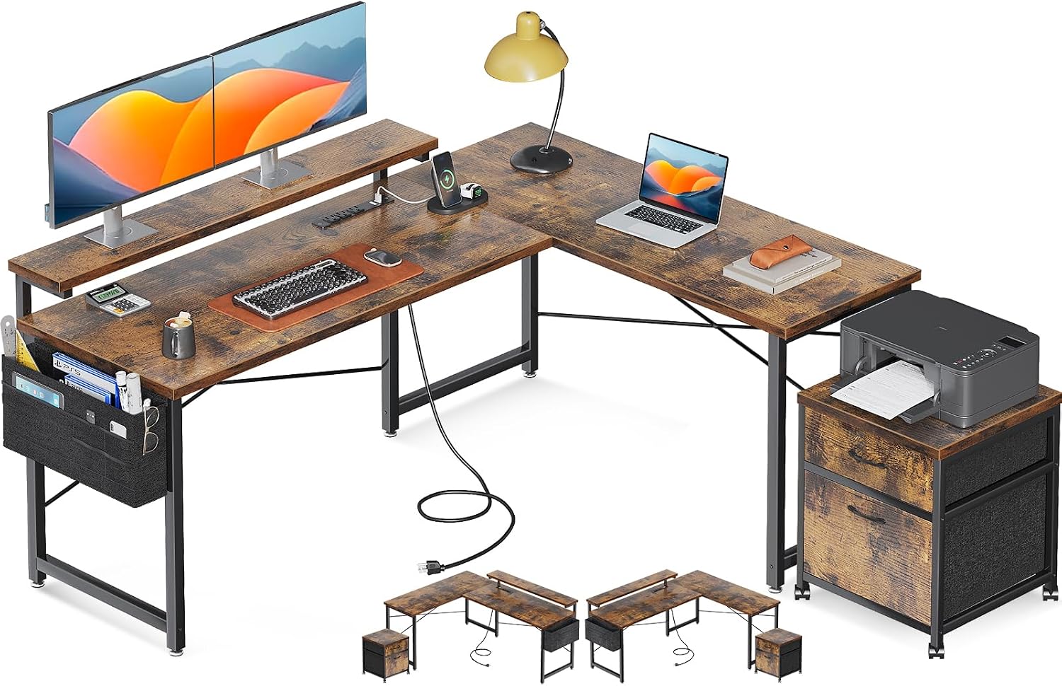 AODK 55' L Shaped Computer Desk, Office Desk with 2 Drawers File Cabinet, Power Outlet and Adjustable Monitor Stand, Reversible Corner Desk with Storage Bag, Vintage