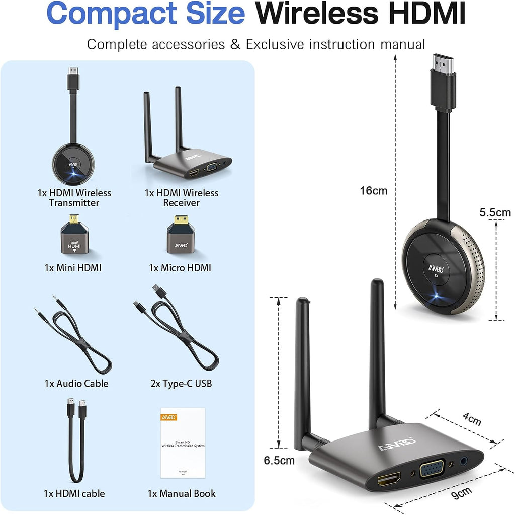TIMBOOTECH 4K Wireless HDMI Transmitter and Receiver, Plug & Play, Wireless Multiple TX, VGA & HDMI Dual Screens Casting 5.8G Video for Laptop, Cable Box, DSLR, Phone to Monitor, Projector, TV - 165FT
