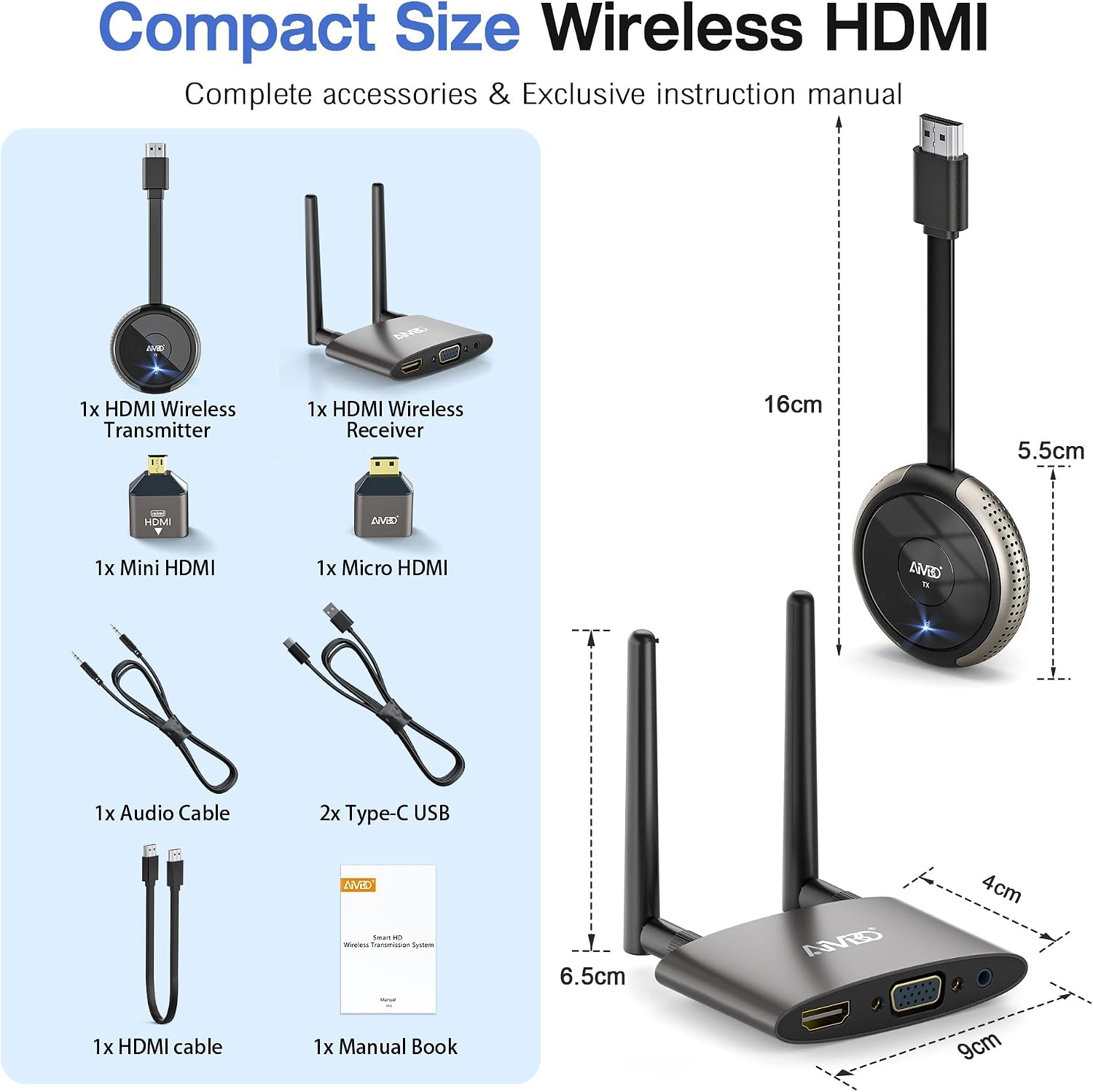 TIMBOOTECH 4K Wireless HDMI Transmitter and Receiver, Plug & Play, Wireless Multiple TX, VGA & HDMI Dual Screens Casting 5.8G Video for Laptop, Cable Box, DSLR, Phone to Monitor, Projector, TV - 165FT