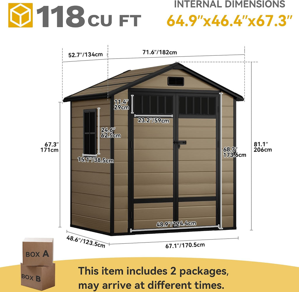 DWVO Outdoor Storage Shed, All-Weather Resin Plastic Storage Shed with Windows, Slanted Roof, Raised Floor, Capacity for Garden Tools & Equipment, Ideal for Backyard & Garden