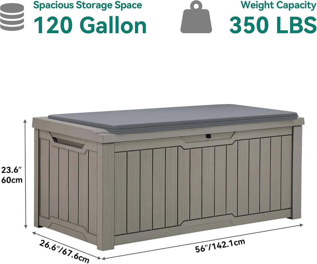YITAHOME 120 Gallon Outdoor Storage Deck Box with Cushion, Large Resin Patio Storage for Outdoor Pillows, Garden Tools and Pool-Supplies, Waterproof, Lockable (Taupe)