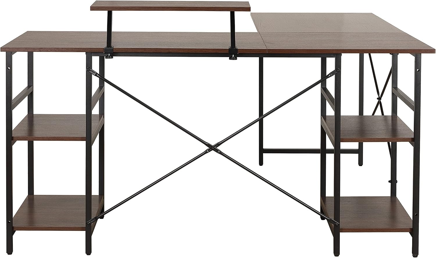 Techni Mobili Office Desk - Reversible L Shaped Desk with Storage Shelves, Monitor Stand & Accessory Holder - Ergonomic & Industrial Workstation Corner Table with Durable Steel Frame, Walnut