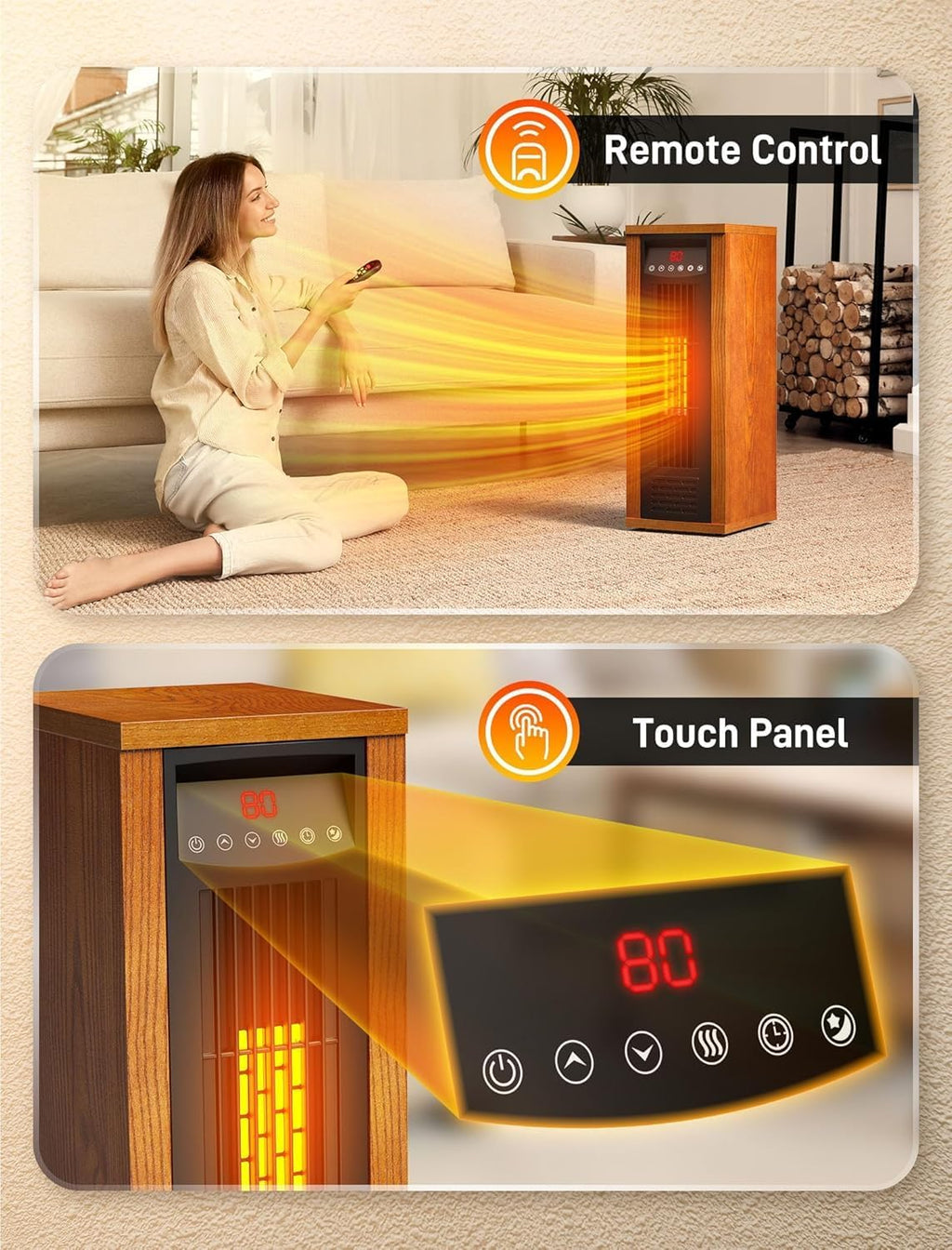 Air Choice Infrared Space Heater, 1500W Electric Portable Heater with Remote Control and Thermostat, Fast & Quiet Heating Tower Room Heater for Indoor Use, Bedroom, Office, Home, Walnut