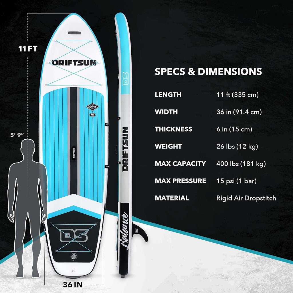 Driftsun Inflatable Stand Up Paddle Board - Extra Wide 11ft x 36in x 6in ISUP Package, Travel Backpack, Paddle, Hand Pump, Ankle Leash, Removable Fin, Youth & Adult SUP