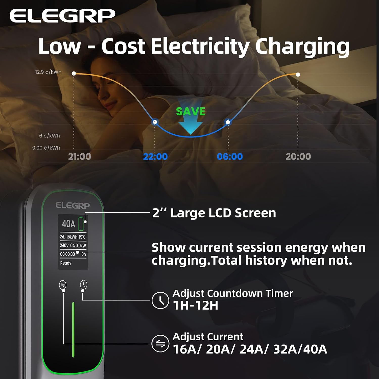 ELEGRP Level 2 EV Charger 40Amp, J1772 Portable Electric Car Charger, 240V NEMA 14-50 Plug, ETL Certified with 25FT Extension Cable