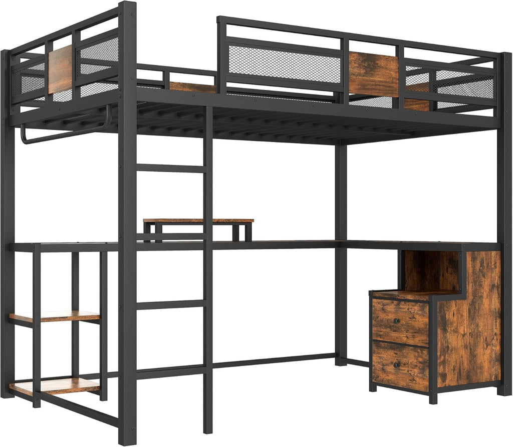 Bellemave Full Loft Bed with L-Shaped Desk and Storage Drawers, Full Size Loft Bed Frame with Computer Monitor Stand, Corner Shelf and Hanger Rod, Adults Loft Beds Nosie-Free, Black