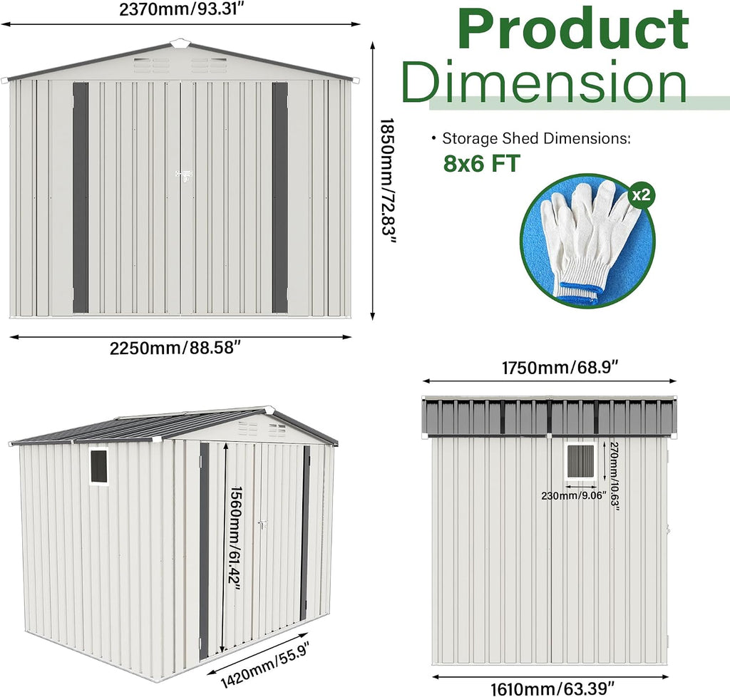 CHUNLY 8 x 6 ft Outdoor Storage Shed w/Side Window and Lockable Door, All Weather Tool Shed with Pitched Roof Waterproof, Storage Garden Shed Storage Room for Patio Backyard Lawn, White + Gray