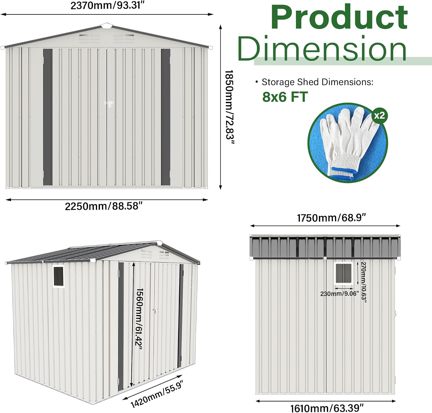 CHUNLY 8 x 6 ft Outdoor Storage Shed w/Side Window and Lockable Door, All Weather Tool Shed with Pitched Roof Waterproof, Storage Garden Shed Storage Room for Patio Backyard Lawn, White + Gray
