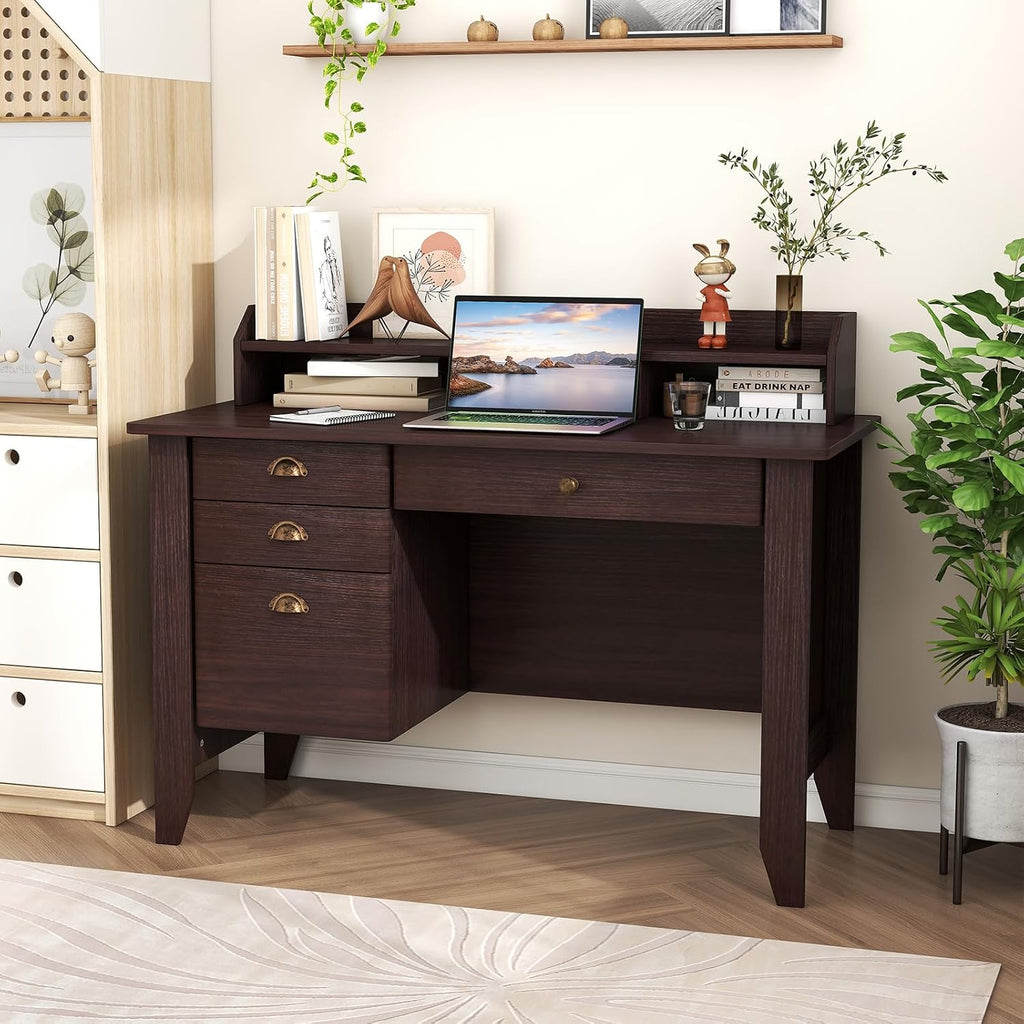 48' Vintage Computer Desk with 4 Storage Drawers & Top Hutch, Home Office Workstation with Drawer & Monitor Stand, Wooden Study Work Writing Table (Brown)