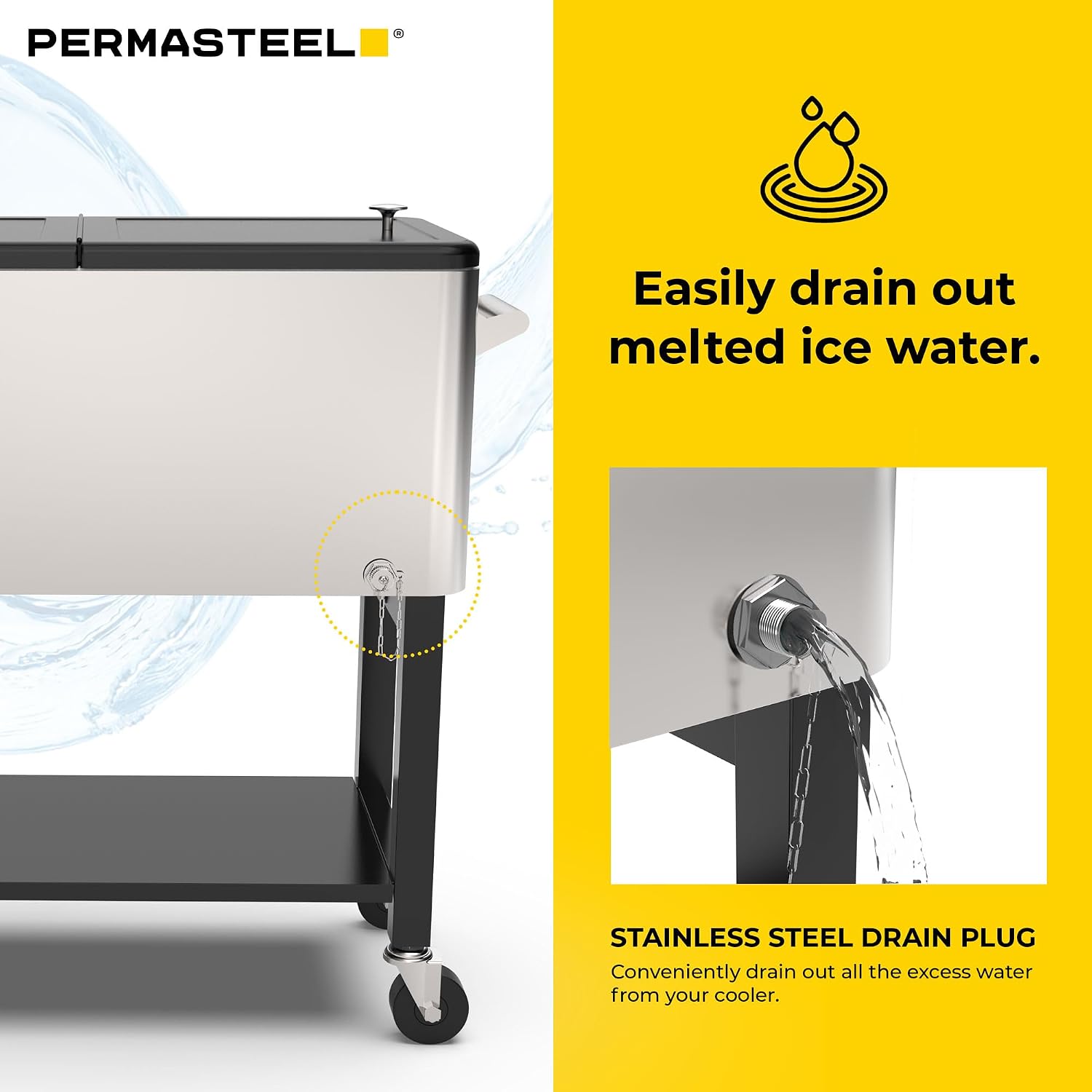 Permasteel Party Cooler with Divider, Removable Basin, Spacious 80-Qt Capacity, Chills 36hrs, Serving Tray, Rolling Ice Chest for Indoor & Outdoor