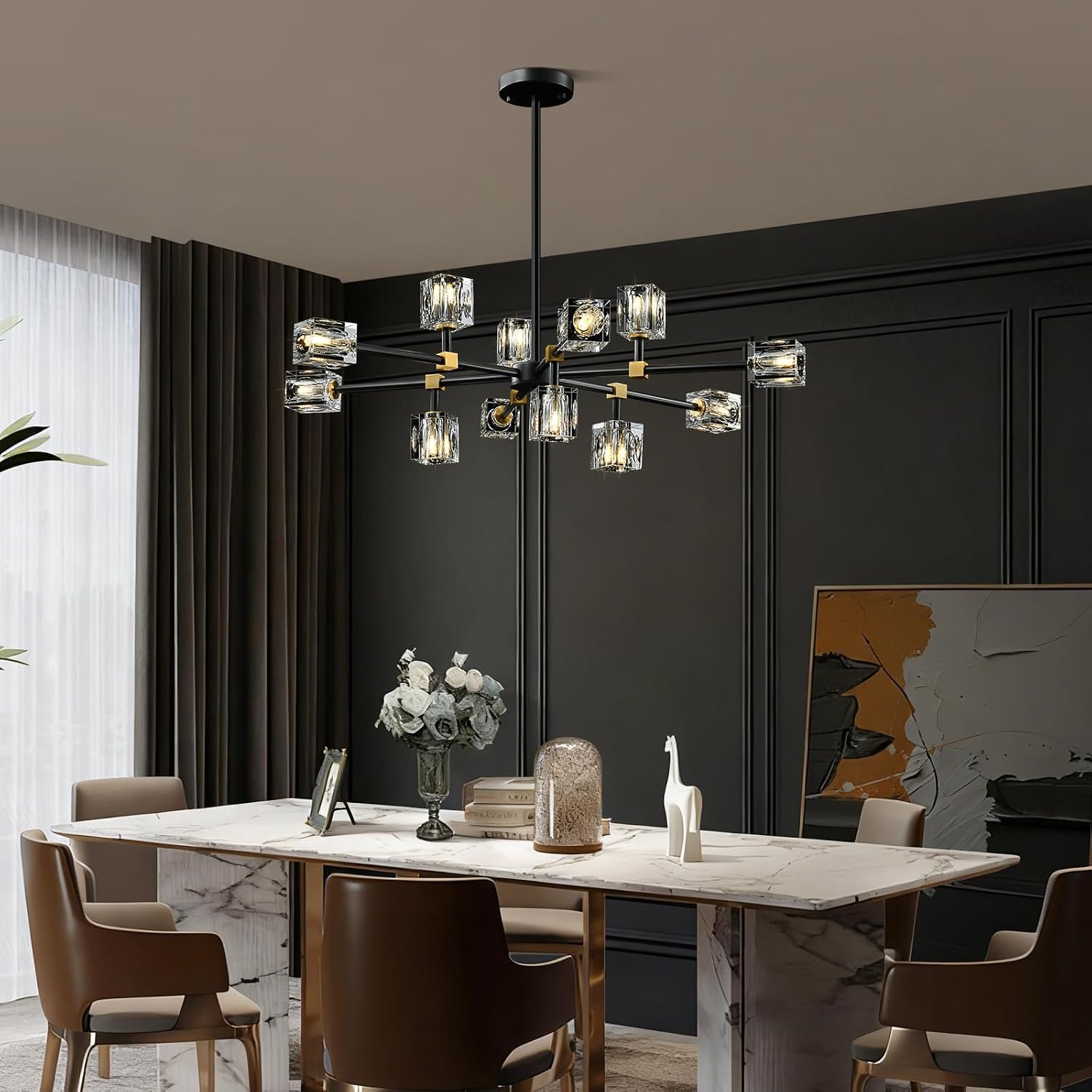 Modern Sputnik Crystal Kitchen Chandelier - Luxury Elegant 12 Light Adjustable Height Pendant Lighting Ceiling Fixture - Black and Gold Brushed Brass Chandeliers for Dining Room Living Room Island