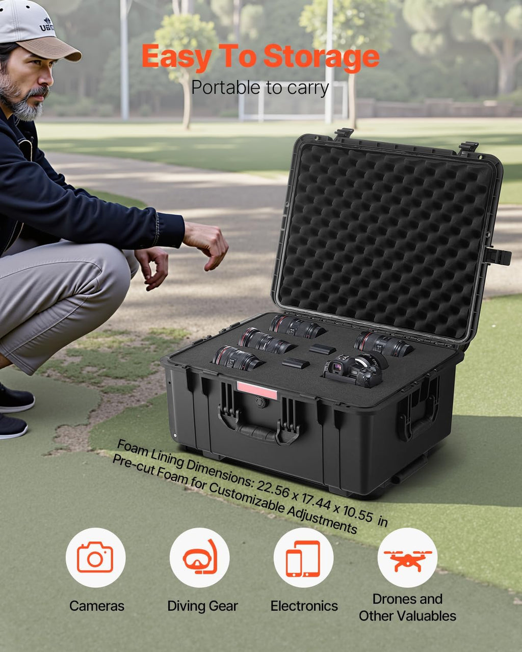 VEVOR Weatherproof Hard Case, Heavy Duty Protective Dry Box Case with Pre-Cut Foam, Wheel Retractable Pull Handles for Travel, Hunt, Military, Tactical, IP67 Waterproof Case for Camera(24.8*19.7*12.5)
