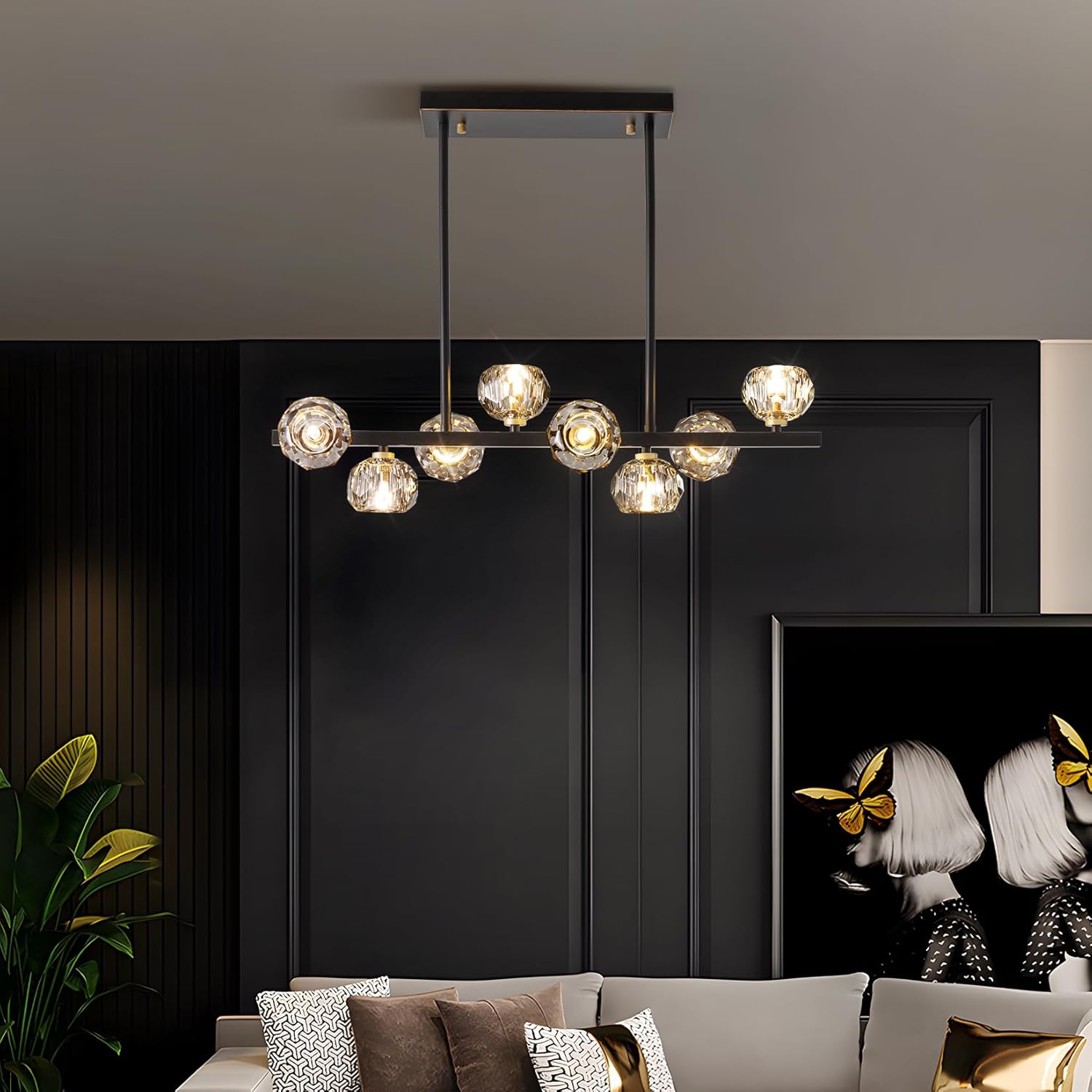 Modern Crystal Chandelier Dining Room Light fixtures Black Chandeliers with Crystal Ball Shade 8-Lights Industrial Globe Hanging Pendant Lighting for Kitchen Island,Living Room,Dining Room