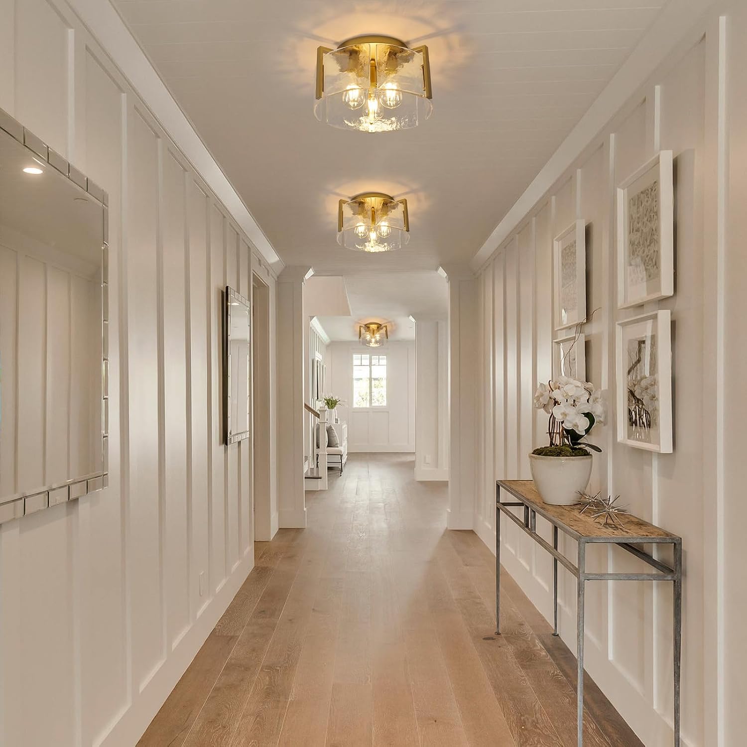 Gold Semi Flush Mount Ceiling Light Fixture, 14-Inch Farmhouse Modern Flush Mount Light Glass Drum Lights Foyer Lighting Fixtures for Kitchen Entryway Hallway Laundry Room Bedroom Bathroom