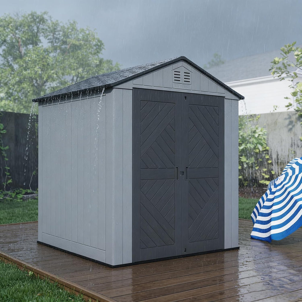 ZZM Outdoor Storage Shed 6x6 Ft, All-Weather Resistant Resin Garden Sheds & Outdoor Storage Clearance with Floor and Windows, Double-Layer Plastic Tool Shed for Backyard, Patio & Lawn (Gray)