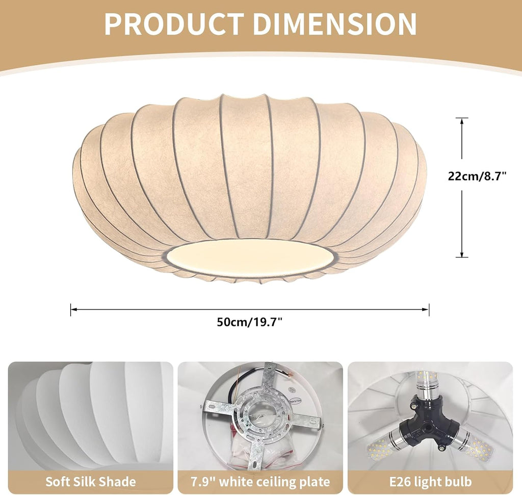 Mid Century Modern White Silk Shade Semi Flush Ceiling Light Japanese Style Drum Fabric Ceiling Light Large Boho Chandelier Light Fixture (20 Inches)