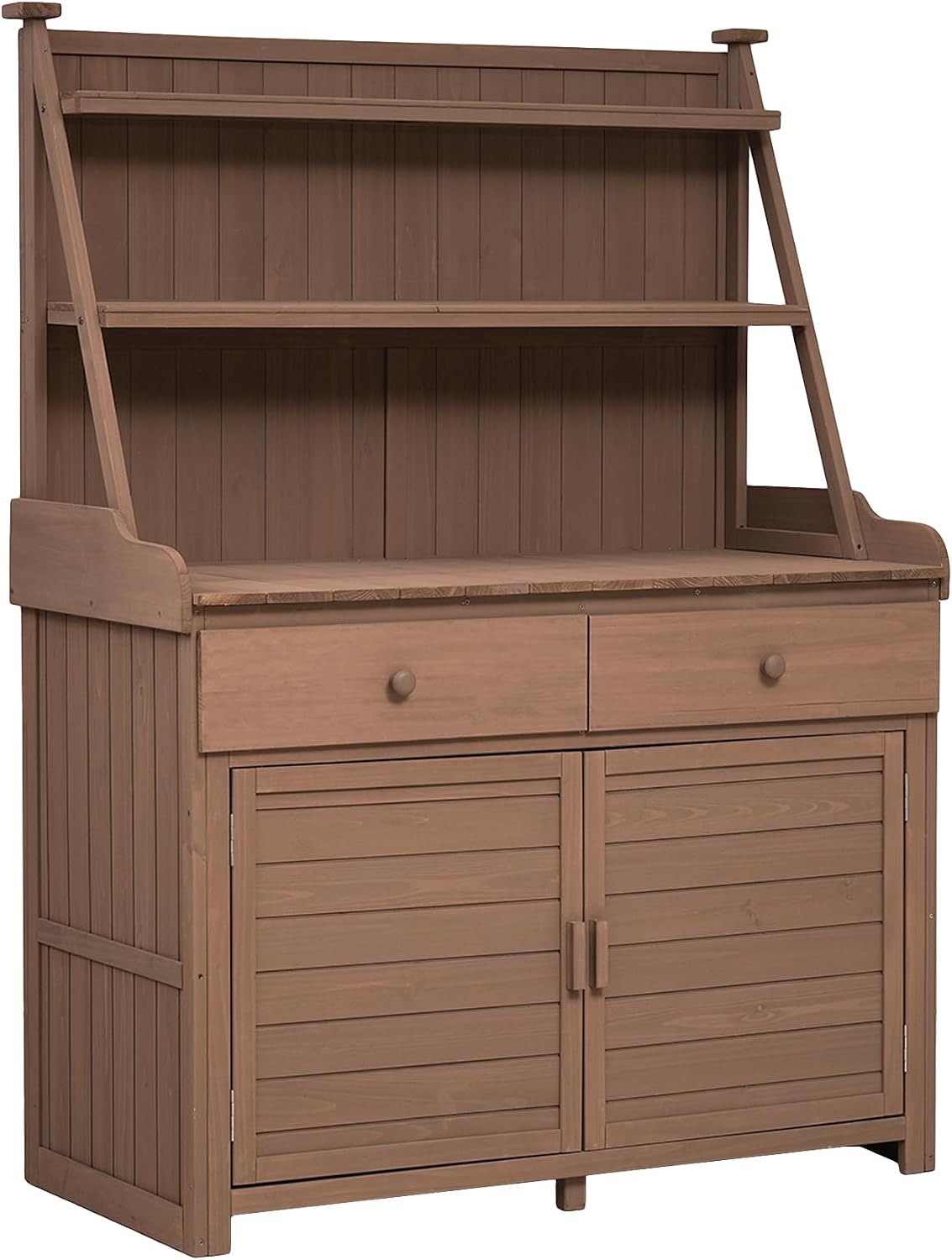 JIVOIT Modern 65inch Garden Potting Bench Table, Fir Wood Workstation with Three-Tier Storage Shelf, Two Drawer and Cabinet, Large Gardening Workstation for Outdoor Space (Brown * Fir Wood)