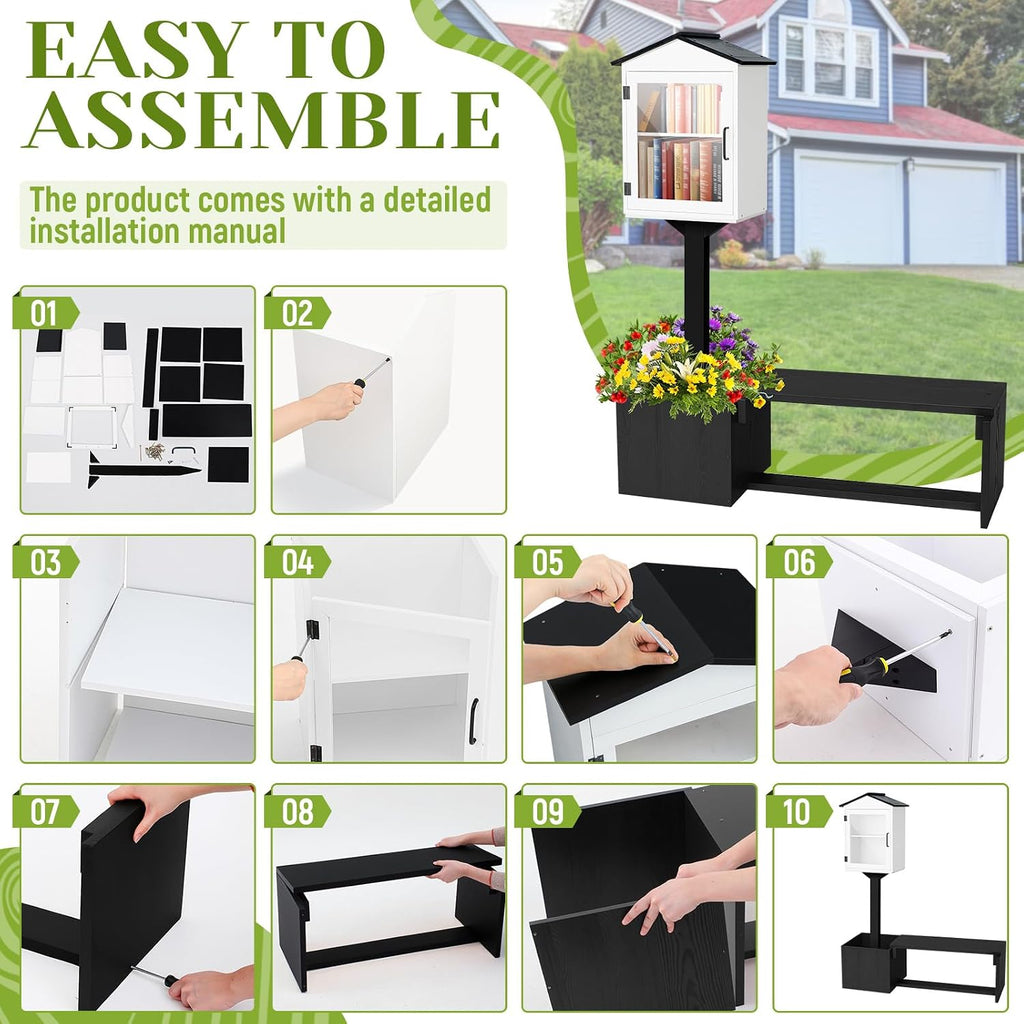 Wonderjune Little Library Box Outdoor with Bench & Planter DIY Paintable Lending Free Library Solid Pine Wood Neighborhood Share Box Ground Mount Kit for Yard Garden Community School(Black and White)
