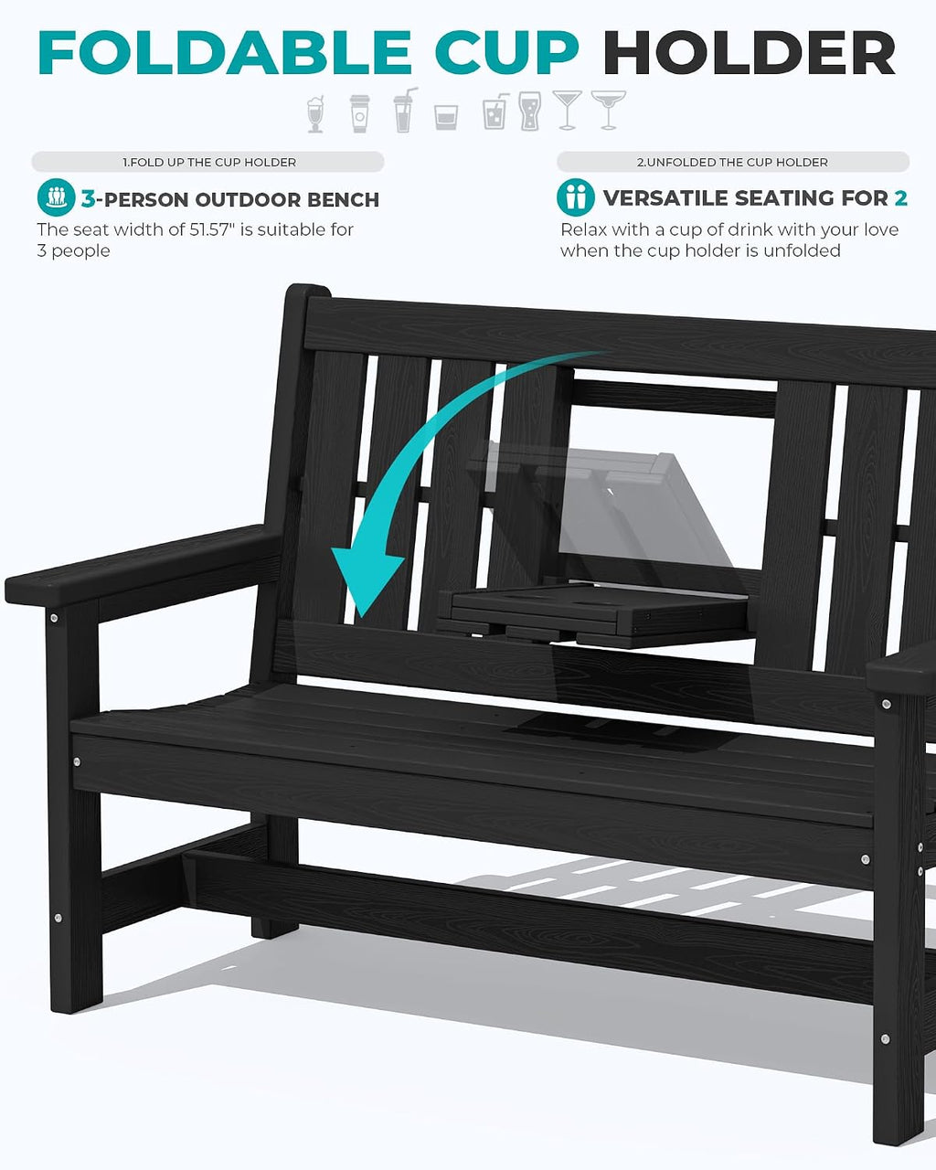 SERWALL Outdoor Bench with Cup Holder, 58' HDPE Garden Park Bench Suitable for 3 Person, All Weather Patio Benches with High Backrest and Wide Armrests for Garden, Park, Yard, Front Porch, Black