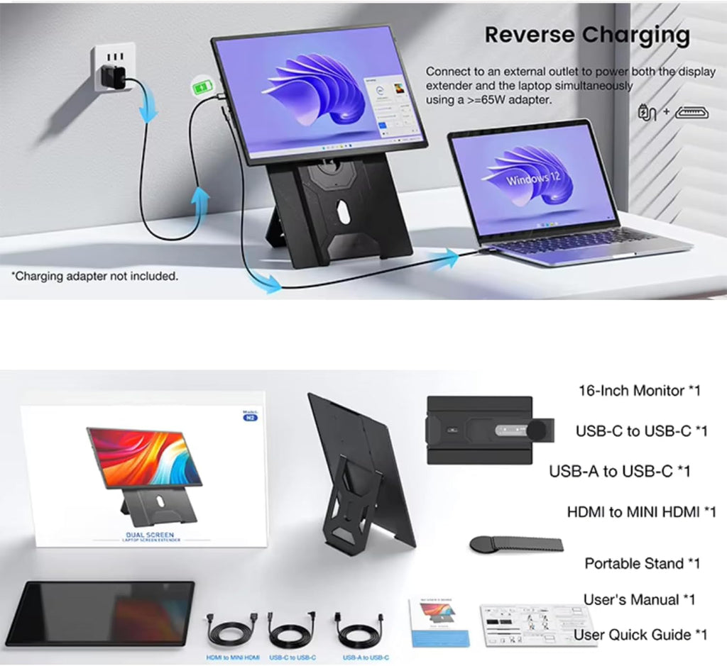TUTT 16' Laptop Screen Extender with Stand 16:10 Ratio USB-C/HDMI + Speaker | Multiple Position Portable Monitor | Reverse Charging Plug-Play for Mac/OS/Wins/Chrome/Dex N2