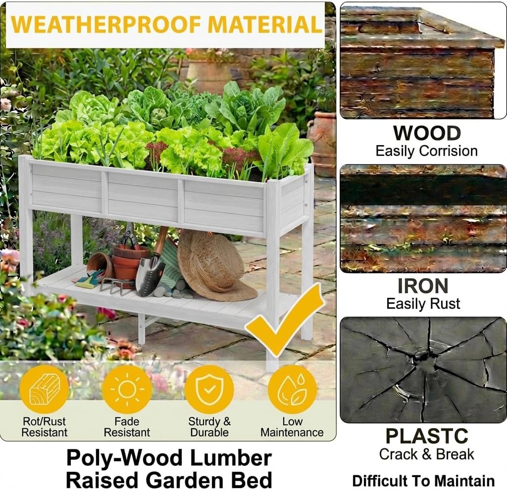 DWVO 48x18x30in Raised Garden Bed HDPE, Poly Wood Planter Box Stand,Weather-Resistant Planter Box with Legs & Storage Shelf, Elevated Garden Bed for Backyard, Patio, Balcony, White